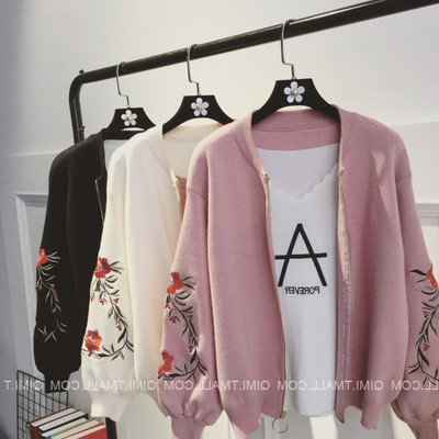 燈籠袖毛衣女開衫2017新款潮春裝短款針織衫韓版百搭寬松學生上衣